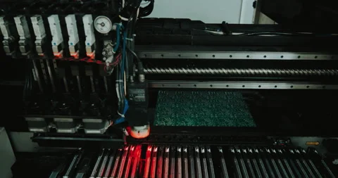 Automatic SMD pick and place machine during work - assembly of computer print Video stock 135425222