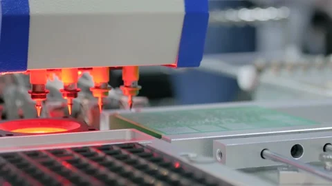 Automatic SMD pick and place machine assembling computer circuit board Stock Footage 135521405
