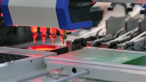 Automatic SMD pick and place machine assembling computer printed circuit board Stock Footage 136485970
