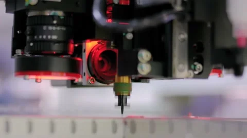 Automatic SMD pick and place machine assembling computer circuit board: close up Stock Footage 150553525