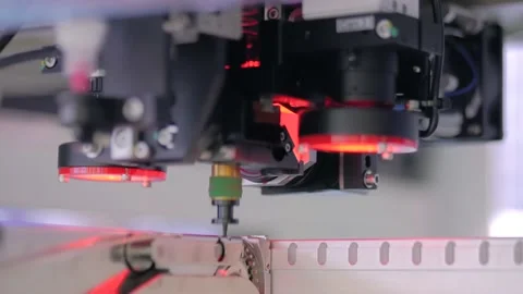 Automatic SMD pick and place machine assembling computer circuit board: close up Stock Footage 153468701