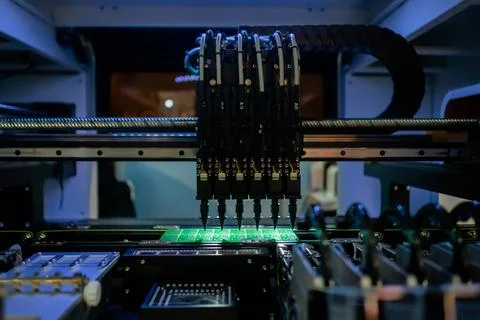 Automatic SMD pick and place machine assembling computer circuit board Stock Photos