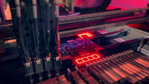 Automatic SMT Pick and Place machine Work: Assemble of system board elements by Stock Footage 166074829