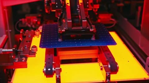 Automatic Solar Panel Manufacturing Line. Solar Cells are Being Moved and Video stock 263803210