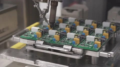 Automatic soldering machine soldering components to the board. Soldering Robot. Stock Footage 211817402