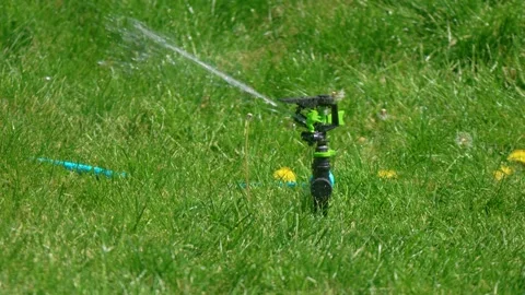 Automatic sprinkler running and spraying water over green lawn before shutting Stock Footage 336309865