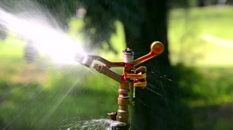 Automatic sprinkler shooting water sprinkle from nozzle on garden park field Stock Footage 61206834