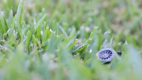An automatic sprinkler system in the grass. Closeup. Selective focus. Video stock 196572767