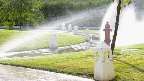 Automatic sprinkler system watering green grass lawn Video stock 95854983