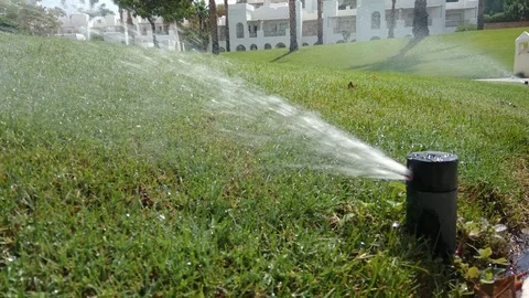 Automatic sprinkler system watering green grass lawn Video stock 95856164