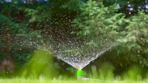 Automatic Sprinkler System Watering Green Lawn on a Sunny Day. Stock Footage 302536722