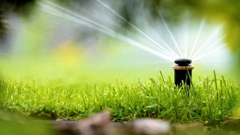 Automatic sprinkler system watering the lawn on a background of green grass Stock Footage 89944993