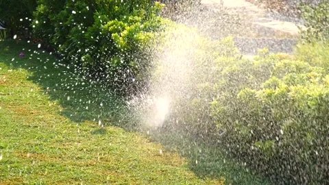 Automatic sprinkler system watering the lawn in sunshine in the garden Stock Footage 134744420