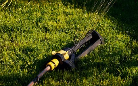 Automatic sprinkler working on grass irrigation at sunny morning. Sprinkler s Stock Photos