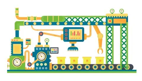 Automatic stock line robots technology industrial machine. Vector illustration. Stock Illustration