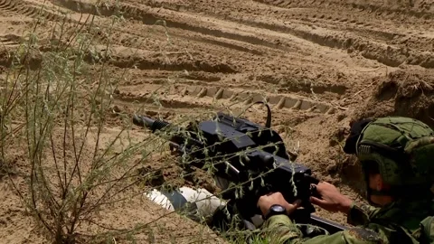 Automatic stun grenade launcher, shooting at the enemy, military actions Stock Footage 112629565