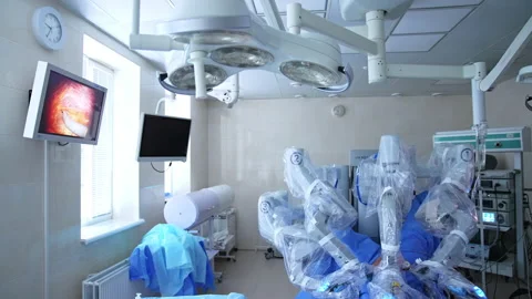 Automatic surgical operating innovation. Da vinci robotic modern surgery machine Stock Footage 170417450