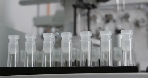 Automatic syringe operating in the background of transparent test tubes Stock Footage 104821345