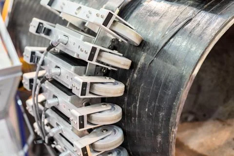 Automatic system of nondestructive quality control. Check the steel pipeline for Stock Photos
