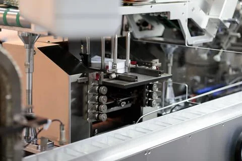 Automatic tablet carton packaging machine closeup Stock Photos