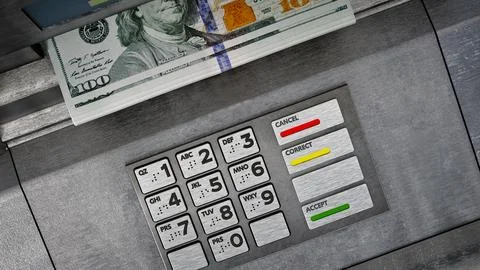Automatic teller machine ATM with dollar bankroll. 3D illustration Stock Illustration
