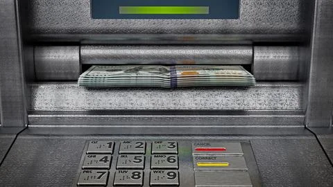 Automatic teller machine ATM with dollar bankroll. 3D illustration Stock Illustration