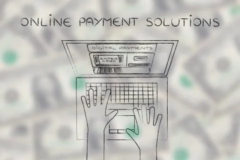 Automatic teller machine inside laptop, online payment solutions Stock Illustration