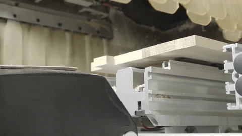 Automatic tool change on cnc machine in work process close up, wood industry. Stock Footage 87822846