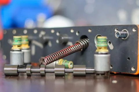 Automatic Transmission Control Valve Body Parts and Solenoids Close Up. Stock Photos
