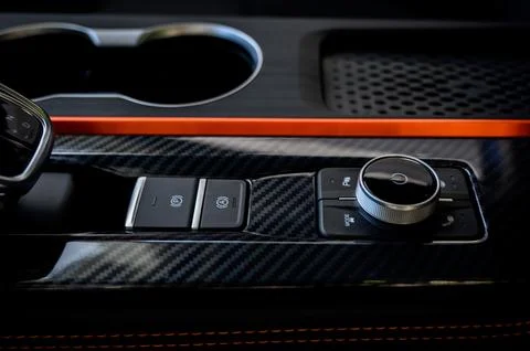 Automatic transmission selector in the interior of a modern car. Stock Photos