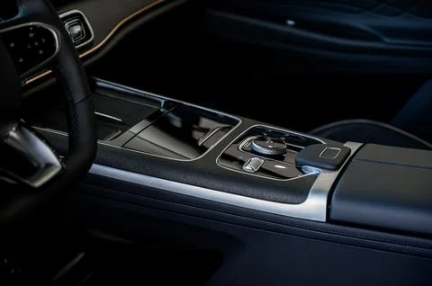 Automatic transmission selector in the interior of a modern car. Stock Photos