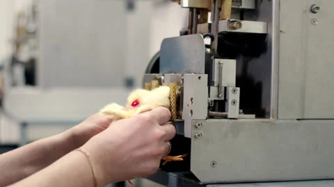 Automatic trimming of beak of chickens on the farm. Processing a chicken beak on Stock Footage 132038462