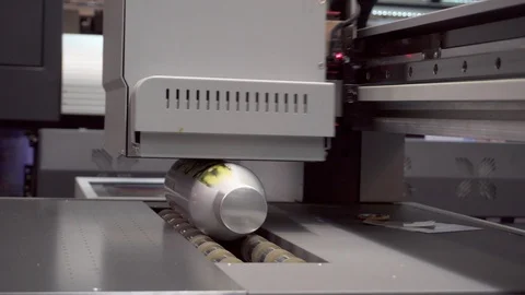Automatic UV printing process on bottle. UV printer working. Stock Footage 112127013
