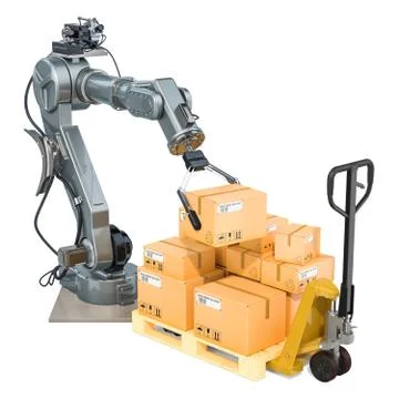 Automatic warehouse concept. Robotic arm put cardboard boxes on pallet truck. Stock Illustration