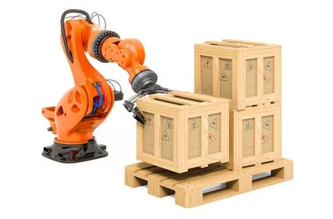 Automatic warehouse concept. Robotic arm put wooden box on pallet. 3D rend... Stockfoto's