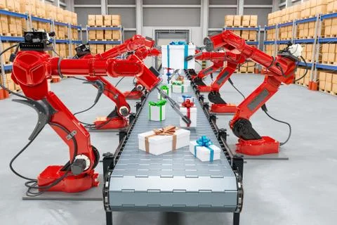 Automatic warehouse with gift boxes and robotic arms, 3D rendering Stock Illustration