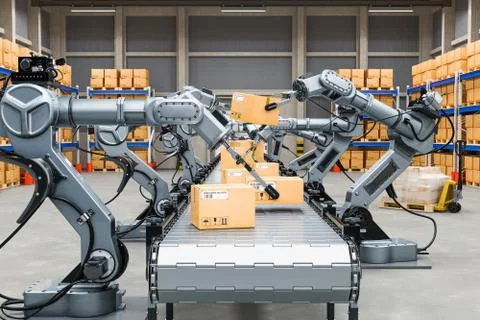 Automatic warehouse with robotic arms, 3D rendering Stock Illustration