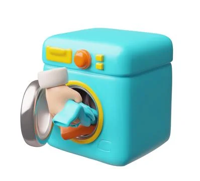 Automatic washing machine, hand loads clothes inside vector 3D cartoon plastic Stock Illustration