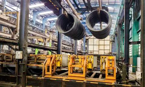 Automatic washing process for steel wire rods, Metal steel wire preparing sur Stock Photos