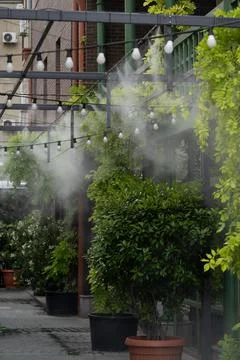 Automatic water spray system to create a cooling effect in hot weather for Stock Photos