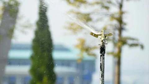 Automatic water sprinkler spraying in public park garden green Video stock 333817296