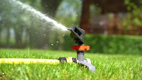 Automatic watering close-up. Irrigation of green lawn with water. Stock Footage 196165120