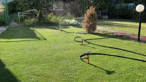 Automatic watering of the lawn in the yard with an irrigator. Spray flying on Stock Footage 283353830