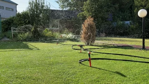 Automatic watering of the lawn in the yard with an irrigator. Spray flying on Stock Footage 283640961