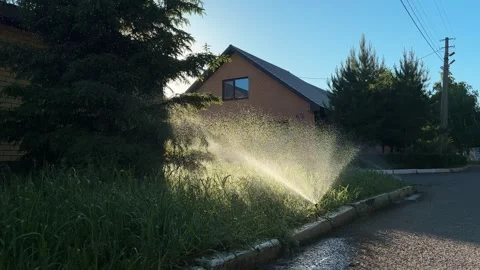 Automatic watering of the lawn in the yard with an irrigator. Spray flying on Видео 346689905