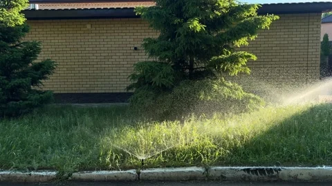Automatic watering of the lawn in the yard with an irrigator. Spray flying on Stock Footage 346690028