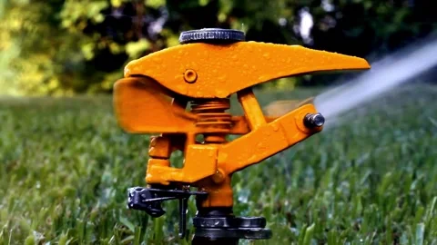 The automatic watering system irrigates lawn grass and other plants in the park Video stock 334657071
