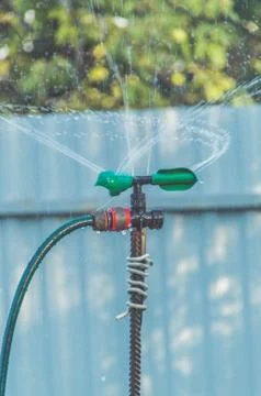 Automatic watering system with water drops in the garden 库存照片
