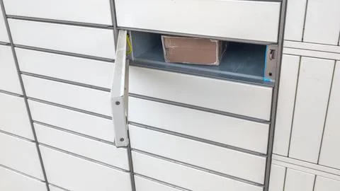 Automatic White Parcel Box open Mailbox with carton Mail Delivery Service l.. Stock Photos