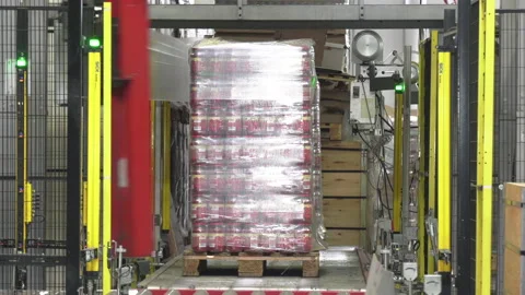 Automatic wrapper cuts off end stretch film Stock Footage 162561783